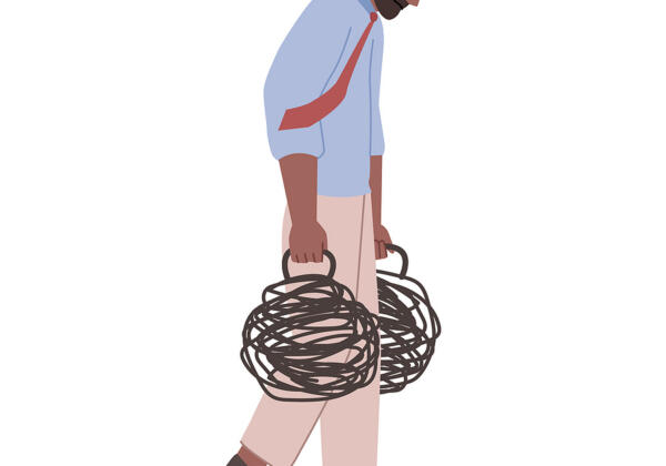 Anxious Man Carrying Heavy Emotions, Guilt Or Stress. Isolated D