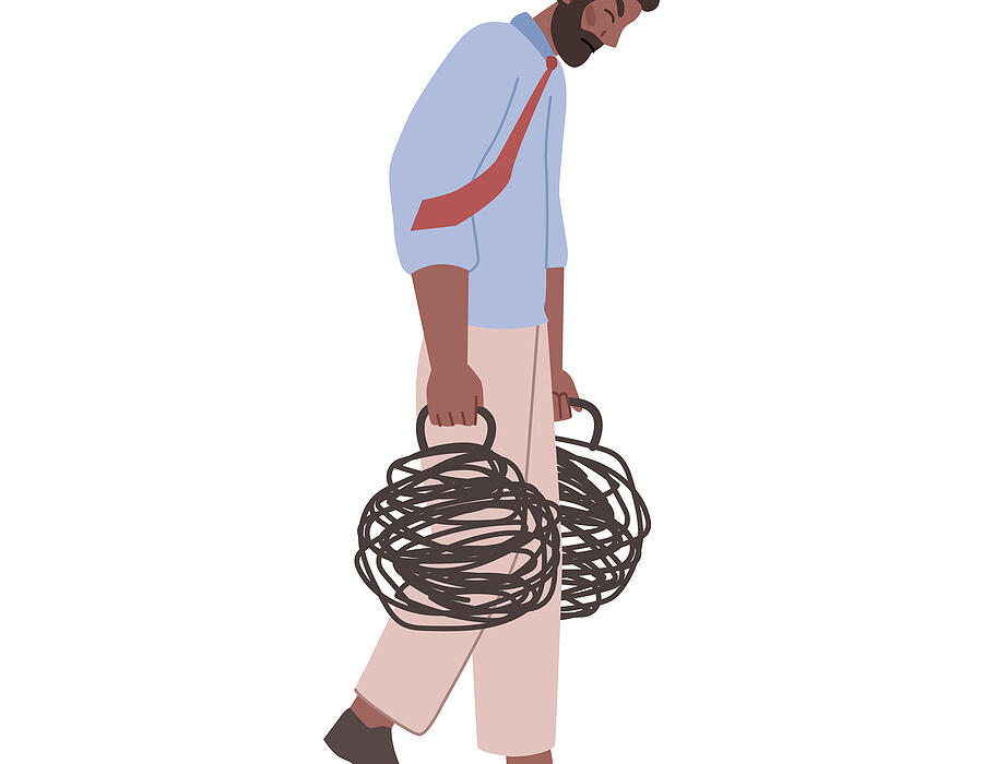 Anxious Man Carrying Heavy Emotions, Guilt Or Stress. Isolated D