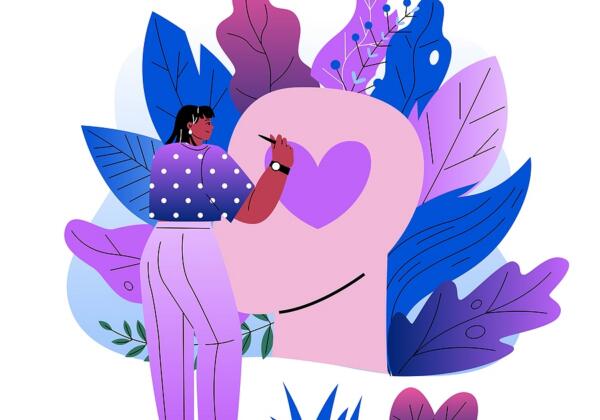 Selfcare And Acceptance Concept. Happy Young Girl Draws Pink Hea