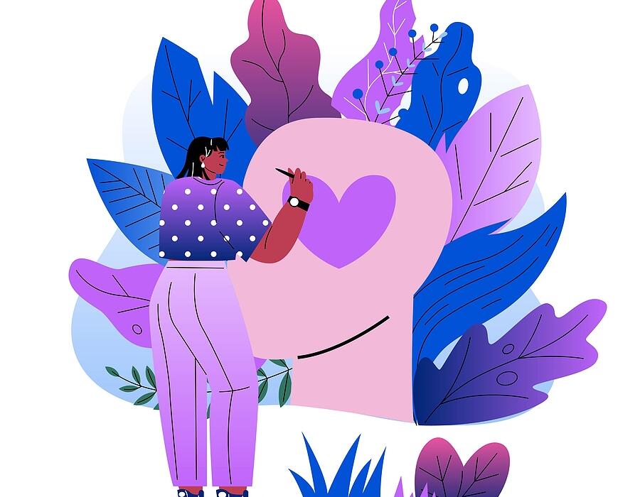 Selfcare And Acceptance Concept. Happy Young Girl Draws Pink Hea