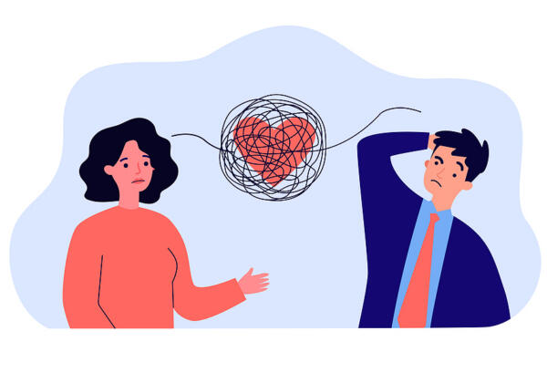 Tangled Thread With Heart Between Sad Couple In Stress. Bad Comm