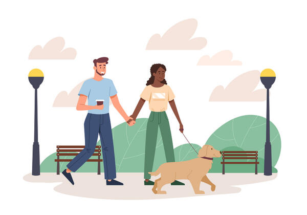 Couple Walking With Dog On Leash. Unusual Date, Nature, Park. Fa